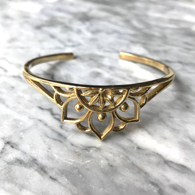 Brass Decorated Lotus Cuff Bracelet