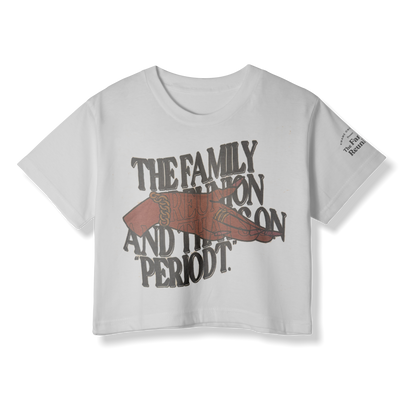 White t-shirt with graphic design and text on a white background