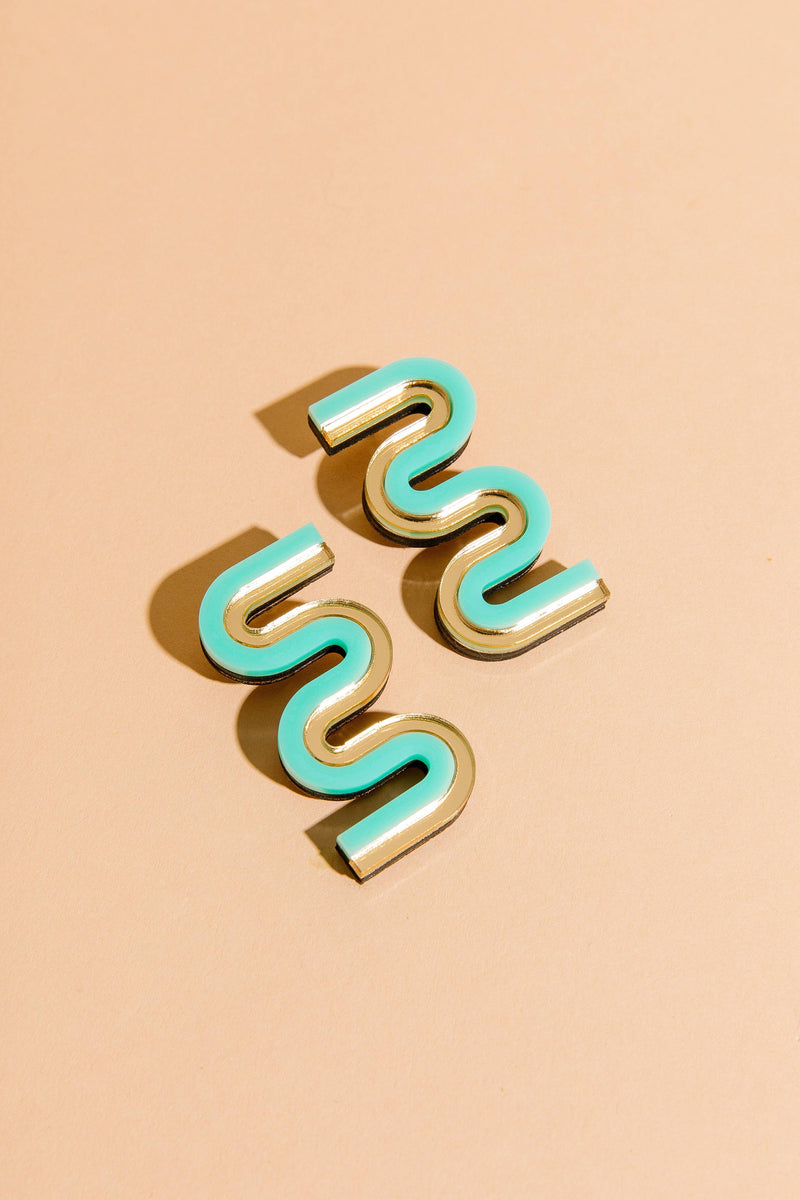 Vea Mini - Acrylic Colorful Statement Stud Earrings: Turquoise and Gold