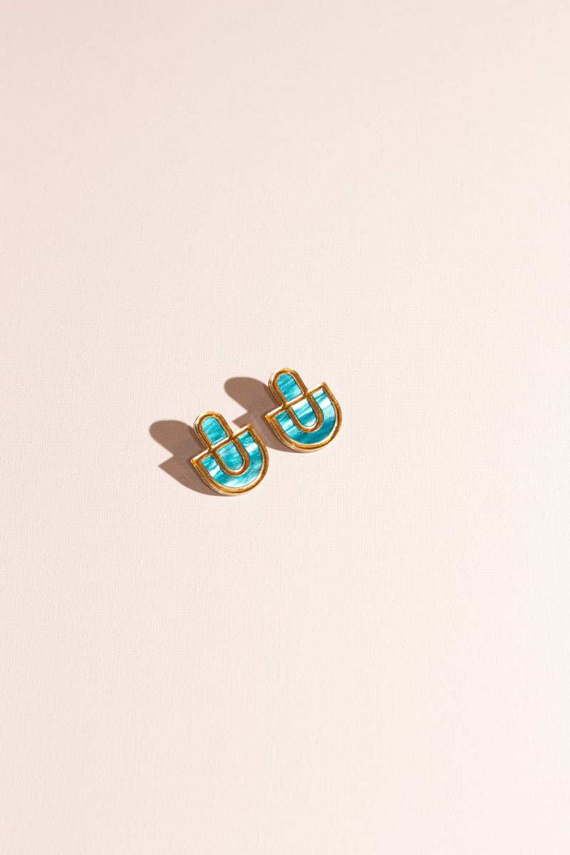 Devin 2 - Multicolor Acrylic Lightweight Statement Earrings: Blue and Gold