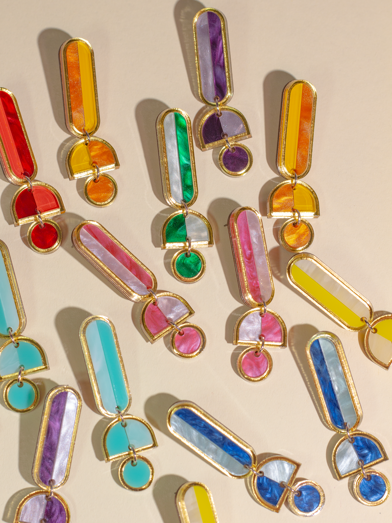 Lanie - Blue Gold Colorful Acrylic Dangle Statement Earrings