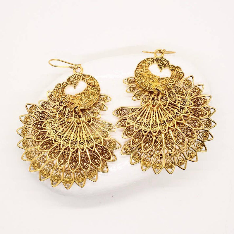 Brass Peacock Statement Earrings