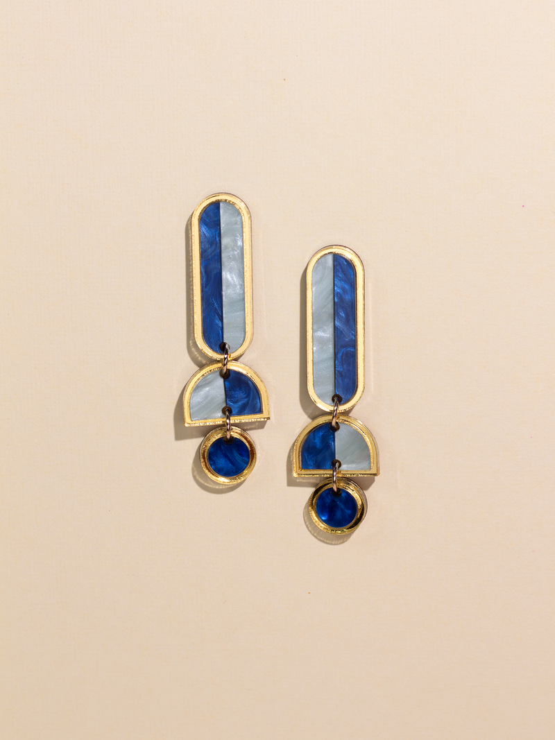 Lanie - Blue Gold Colorful Acrylic Dangle Statement Earrings