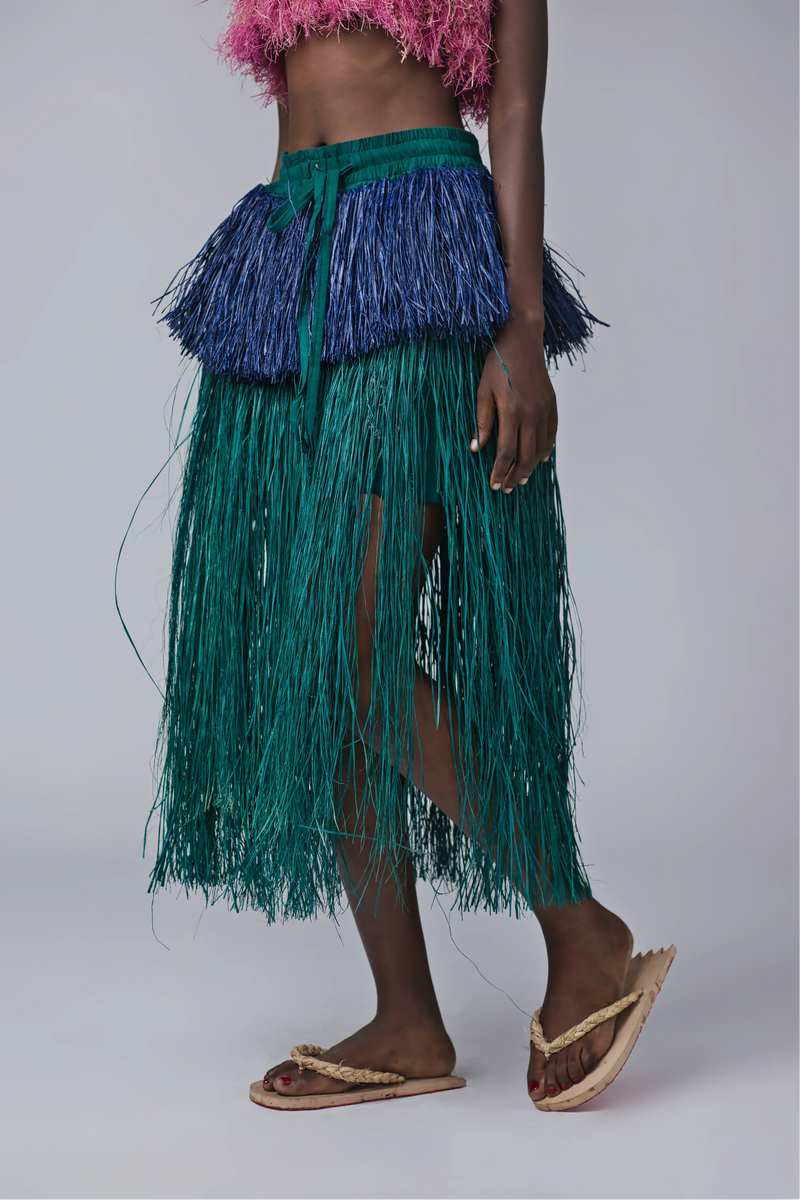 Chi Raffia Skirt: Blue/Green