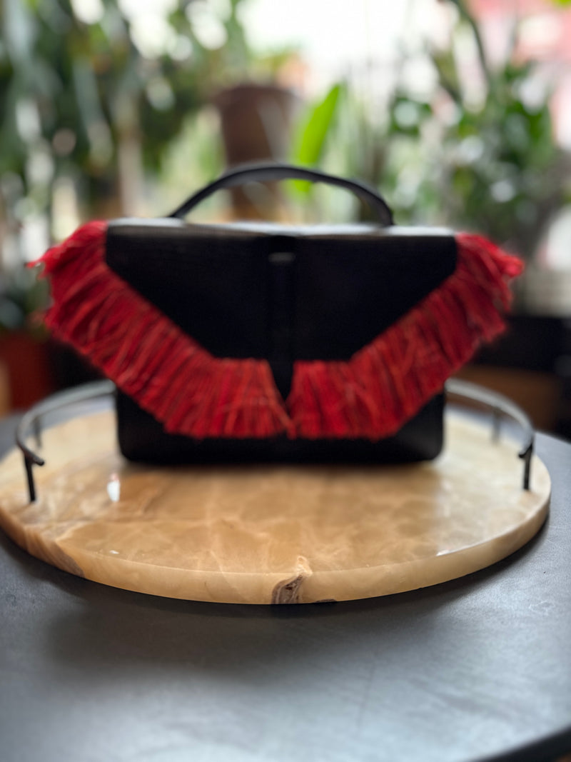Leather Raffia Handbag (Black/Red)