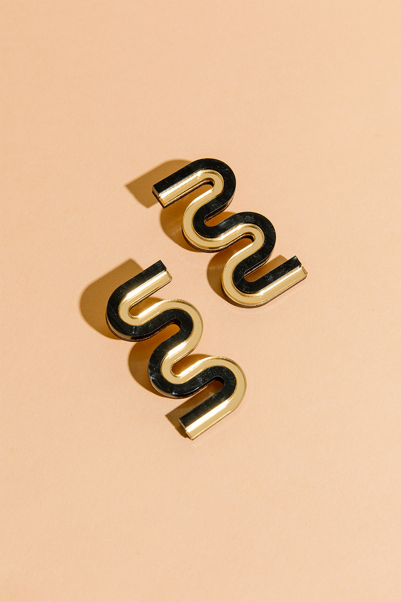 Vea Mini - Acrylic Colorful Statement Stud Earrings: Black and Gold