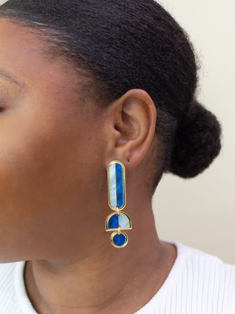 Lanie - Blue Gold Colorful Acrylic Dangle Statement Earrings