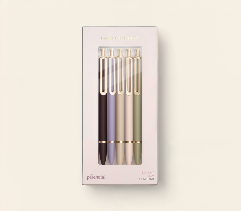 Set of three pens in a gradient color scheme on a white box with &